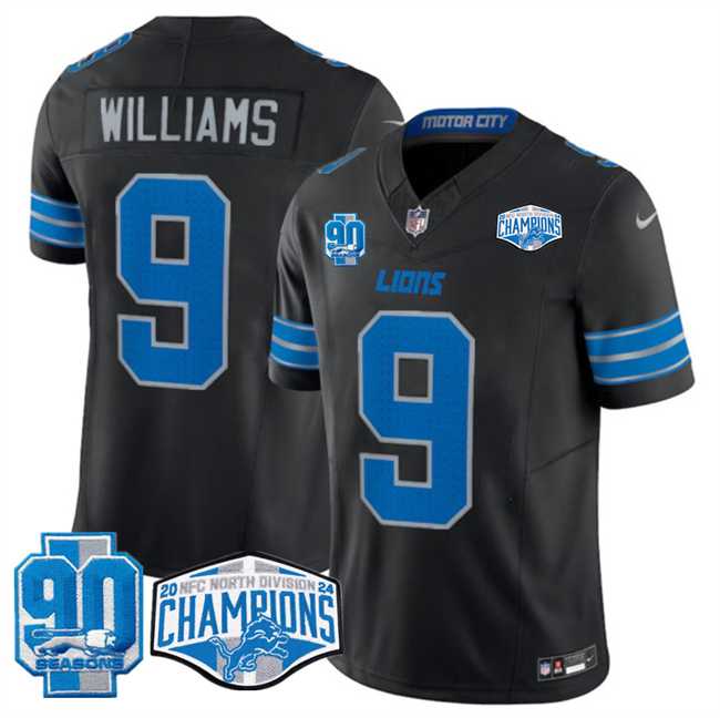 Mens Detroit Lions #9 Jameson Williams Black 2024 NFC North Champions 90th Anniversary Patch F.U.S.E. Vapor Limited Stitched Jersey